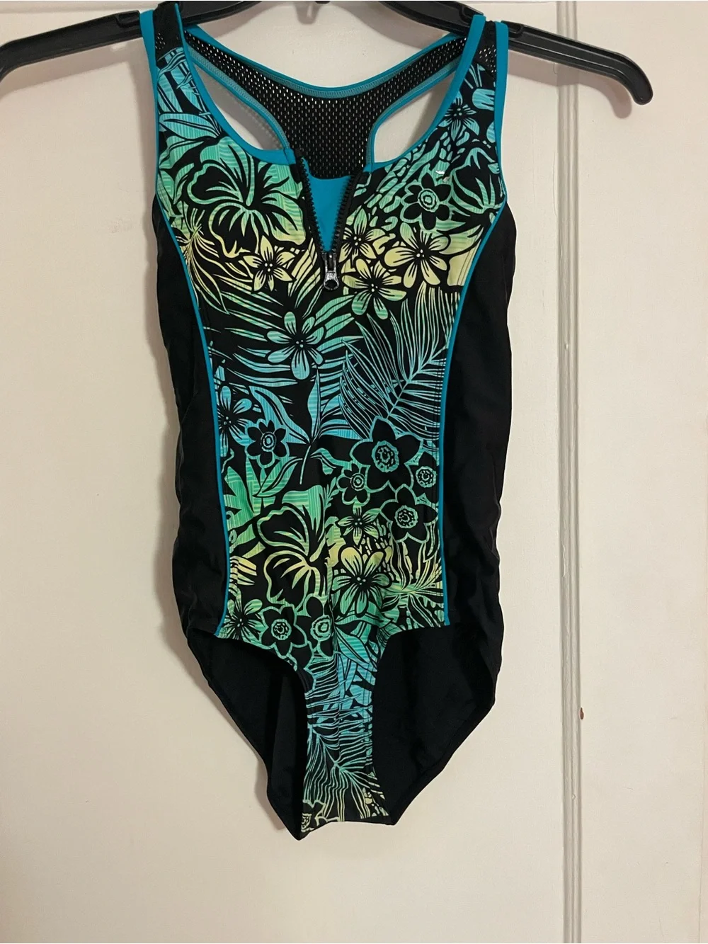 ZeroXposur Black One-Piece Swim with skirt and Teal and Lime Floral Front